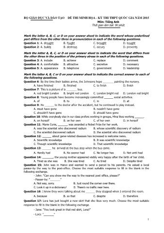 Đề thi minh họa THPT Quốc gia môn Tiếng Anh - Năm học 2015 (Có đáp án)