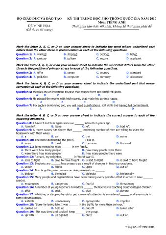Đề thi minh họa THPT Quốc gia môn Tiếng Anh - Năm học 2017