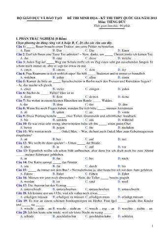 Đề thi minh họa THPT Quốc gia môn Tiếng Đức - Năm học 2015 (Có đáp án)