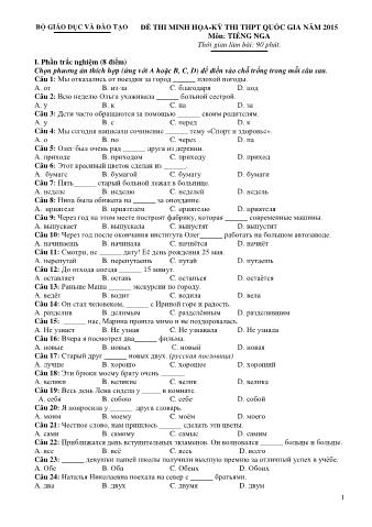 Đề thi minh họa THPT Quốc gia môn Tiếng Nga - Năm học 2015 (Có đáp án)