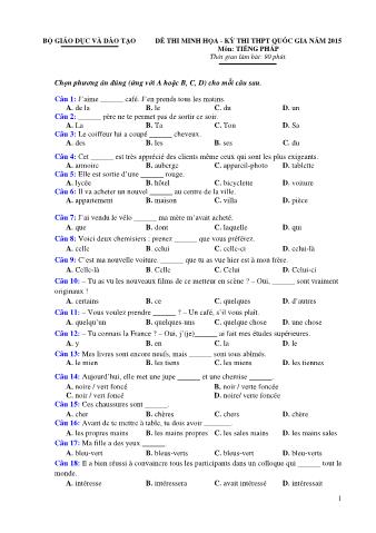 Đề thi minh họa THPT Quốc gia môn Tiếng Pháp - Năm học 2015 (Có đáp án)