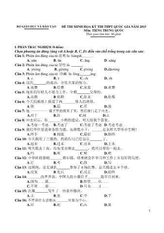 Đề thi minh họa THPT Quốc gia môn Tiếng Trung - Năm học 2015 (Có đáp án)