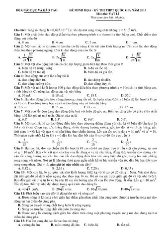 Đề thi minh họa THPT Quốc gia môn Vật lí - Năm học 2015 (Có đáp án)