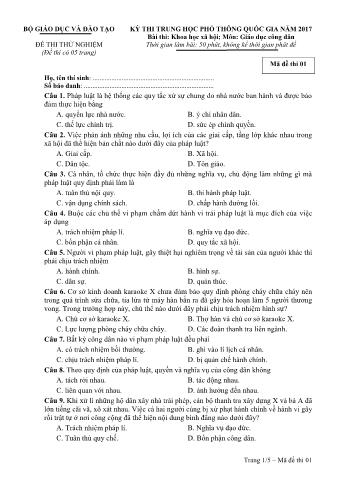 Đề thi thử nghiệm THPT Quốc gia môn Giáo dục công dân - Mã đề: 01 - Năm học 2017