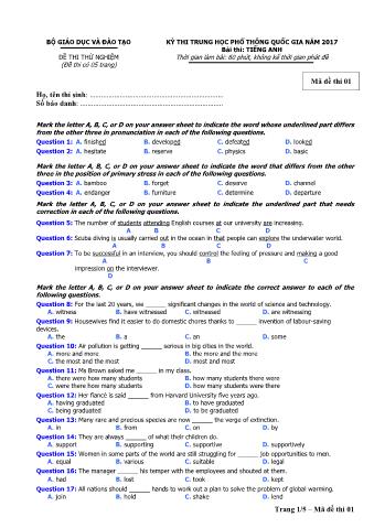 Đề thi thử nghiệm THPT Quốc gia môn Tiếng Anh - Mã đề: 01 - Năm học 2017