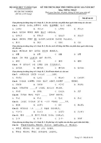 Đề thi thử nghiệm THPT Quốc gia môn Tiếng Nhật - Mã đề: 01 - Năm học 2017