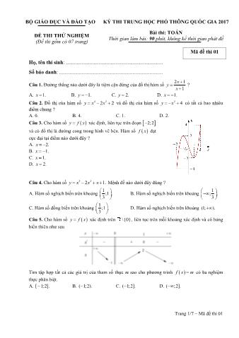 Đề thi thử nghiệm THPT Quốc gia môn Toán - Mã đề: 01 - Năm học 2017