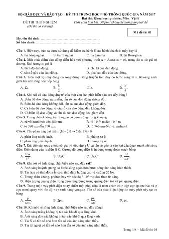 Đề thi thử nghiệm THPT Quốc gia môn Vật lí - Mã đề: 01 - Năm học 2017