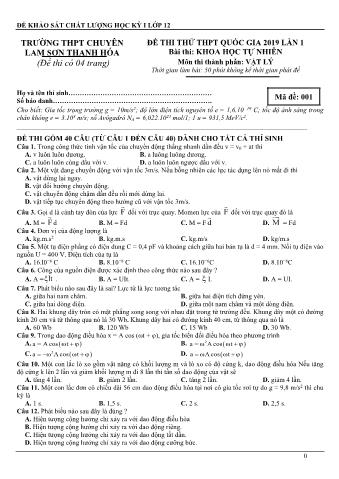 Đề thi thử THPT Quốc gia 2019 lần 1 môn Vật lý - Trường THPT Chuyên Lam Sơn (Có lời giải)