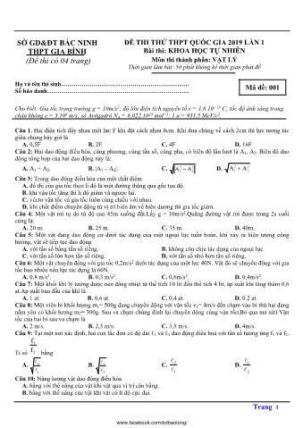 Đề thi thử THPT Quốc gia 2019 lần 1 môn Vật lý - Trường THPT Gia Bình (Có lời giải)