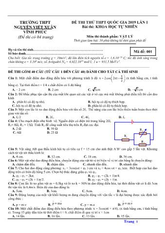 Đề thi thử THPT Quốc gia 2019 lần 1 môn Vật lý - Trường THPT Nguyễn Viết Xuân (Có lời giải)