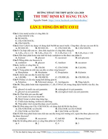 Đề thi thử THPT Quốc gia Hóa học - Lần 2: Tổng ôn hữu cơ 12 - Năm học 2020