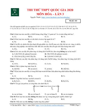 Đề thi thử THPT Quốc gia Hóa học - Lần 3 - Mã đề: 103 - Năm học 2020