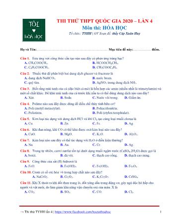 Đề thi thử THPT Quốc gia Hóa học - Lần 4 - Năm học 2020