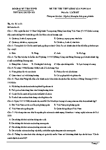 Đề thi thử THPT Quốc gia năm 2019 lần 1 môn Lịch sử 12 - Trường THPT Bắc Duyên Hà (Có lời giải)