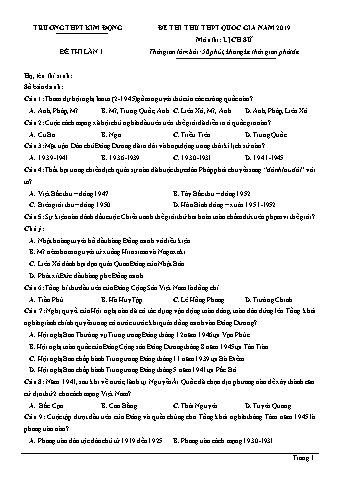 Đề thi thử THPT Quốc gia năm 2019 lần 1 môn Lịch sử 12 - Trường THPT Kim Động (Có lời giải)