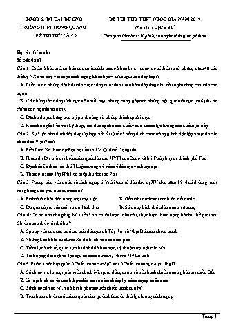 Đề thi thử THPT Quốc gia năm 2019 lần 2 môn Lịch sử 12 - Trường THPT Hồng Quang (Có lời giải)