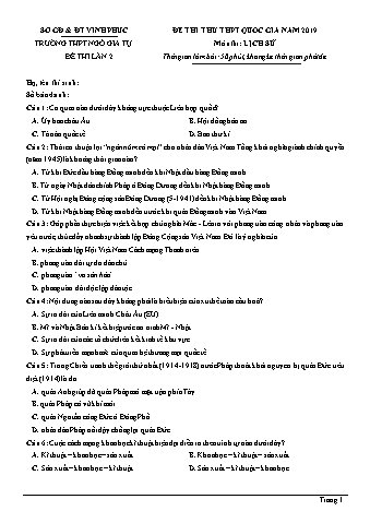 Đề thi thử THPT Quốc gia năm 2019 lần 2 môn Lịch sử 12 - Trường THPT Ngô Gia Tự (Có lời giải)