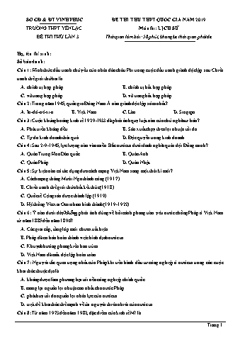 Đề thi thử THPT Quốc gia năm 2019 lần 3 môn Lịch sử 12 - Trường THPT Yên Lạc (Có lời giải)