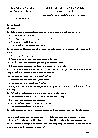 Đề thi thử THPT Quốc gia năm 2019 lần 3 môn Lịch sử Lớp 12 - Trường THPT Yên Lạc (Có lời giải)