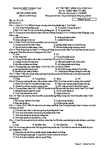 Đề thi thử THPT Quốc gia năm 2019 môn Lịch sử - Mã đề thi 322 (Có đáp án)