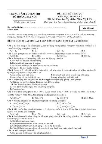 Đề thi thử THPTQG 2019 lần 2 môn Vật lý - Mã đề 002 (Có lời giải)