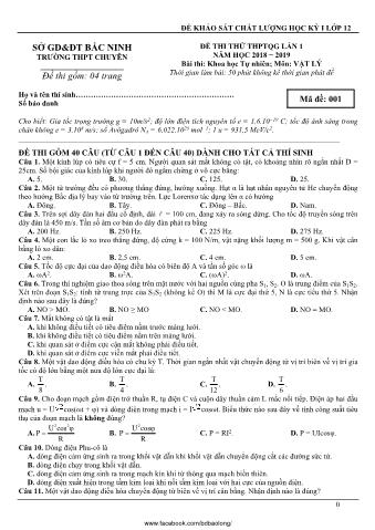 Đề thi thử THPTQG lần 1 môn Vật Lý - Chuyên Bắc Ninh - Năm học 2018-2019 (Có lời giải)