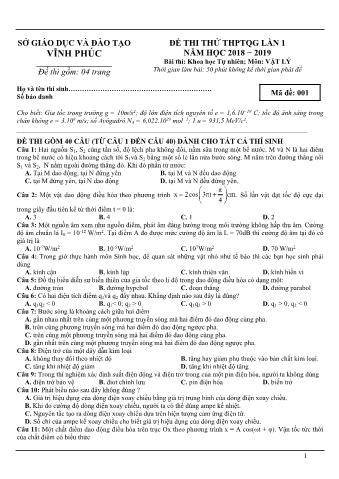 Đề thi thử THPTQG lần 1 môn Vật lý - Năm học 2018-2019 - Sở GD-ĐT Vĩnh Phúc (Có lời giải)