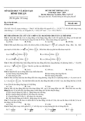 Đề thi thử THPTQG lần 1 môn Vật lý - Năm học 2018-2019 - Sở GD-ĐT Bình Thuận (Có lời giải)