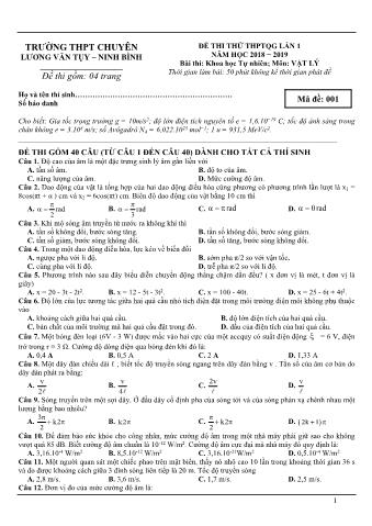 Đề thi thử THPTQG lần 1 môn Vật lý - Năm học 2018-2019 - Trường THPT Chuyên Lương Văn Tụy (Có lời giải)