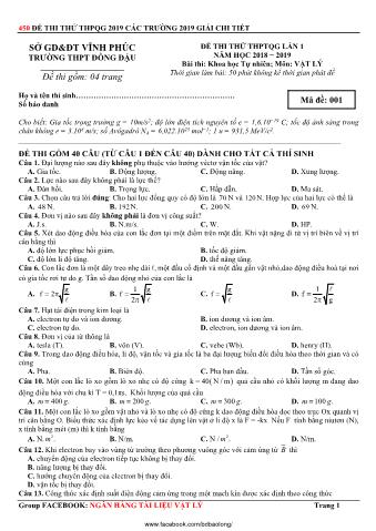 Đề thi thử THPTQG lần 1 môn Vật lý - Năm học 2018-2019 - Trường THPT Đồng Đậu (Có lời giải)