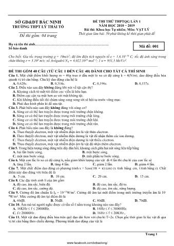 Đề thi thử THPTQG lần 1 môn Vật lý - Năm học 2018-2019 - Trường THPT Lý Thái Tổ (Có lời giải)