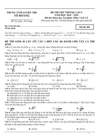 Đề thi thử THPTQG lần 9 môn Vật lý - Năm học 2018-2019 - Mã đề 001 (Có lời giải)