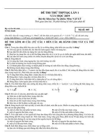 Đề thi thử THPTQG năm 2019 lần 1 môn Vật lý (Có lời giải)