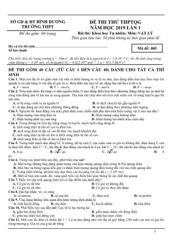 Đề thi thử THPTQG năm 2019 lần 1 môn Vật lý - Sở GD-ĐT Bình Dương (Có lời giải)