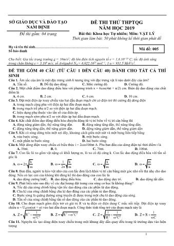 Đề thi thử THPTQG năm 2019 lần 1 môn Vật lý - Sở GD-ĐT Nam Định (Có lời giải)
