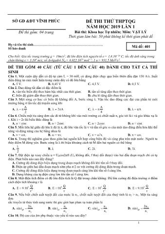 Đề thi thử THPTQG năm 2019 lần 1 môn Vật lý - Sở GD-ĐT Vĩnh Phúc (Có lời giải)