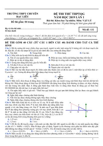 Đề thi thử THPTQG năm 2019 lần 1 môn Vật lý - Trường THPT Chuyên Bạc Liêu (Có lời giải)