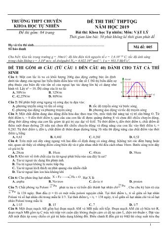 Đề thi thử THPTQG năm 2019 lần 1 môn Vật lý - Trường THPT Chuyên ĐH KHTN Hà Nội (Có lời giải)