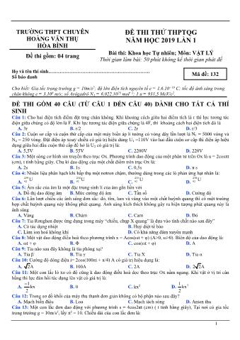 Đề thi thử THPTQG năm 2019 lần 1 môn Vật lý - Trường THPT Chuyên Hoàng Văn Thụ (Có lời giải)