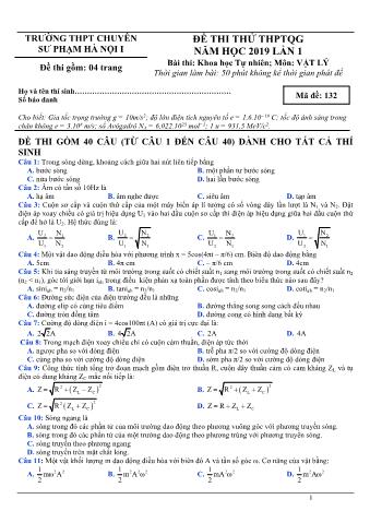 Đề thi thử THPTQG năm 2019 lần 1 môn Vật lý - Trường THPT Chuyên ĐH Sư Phạm Hà Nội (Có lời giải)