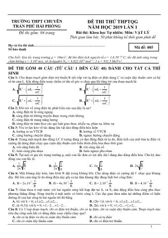 Đề thi thử THPTQG năm 2019 lần 1 môn Vật lý - Trường THPT Chuyên Trần Phú (Có lời giải)