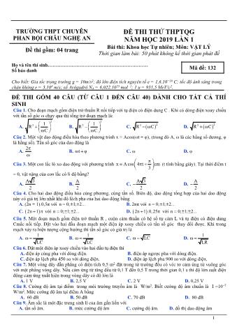 Đề thi thử THPTQG năm 2019 lần 1 môn Vật lý - Trường THPT Chuyên Phan Bội Châu (Có lời giải)