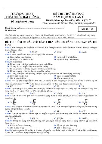 Đề thi thử THPTQG năm 2019 lần 1 môn Vật lý - Trường THPT Thái Phiên (Có lời giải)