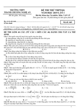 Đề thi thử THPTQG năm 2019 lần 1 môn Vật lý - Trường THPT Thanh Chương (Có lời giải)
