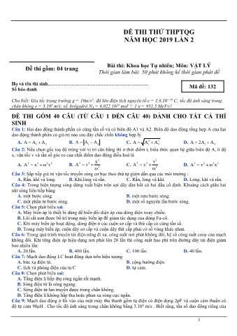 Đề thi thử THPTQG năm 2019 lần 2 môn Vật lý - Mã đề 132 (Có lời giải)