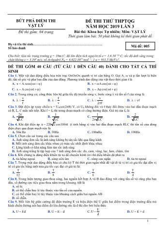 Đề thi thử THPTQG năm 2019 lần 3 môn Vật lý - Mã đề 005 (Có lời giải)