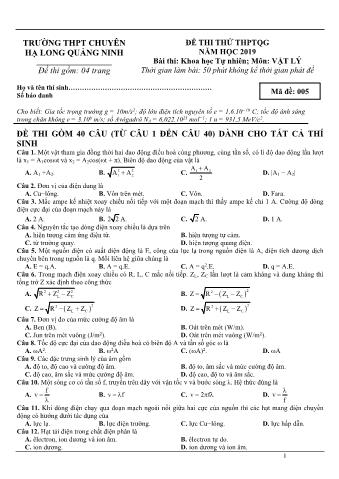 Đề thi thử THPTQG năm 2019 môn Vật lý - Trường THPT Chuyên Hạ Long (Có lời giải)
