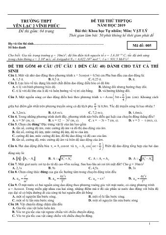 Đề thi thử THPTQG năm 2019 môn Vật lý - Trường THPT Yên Lạc 2 (Có lời giải)
