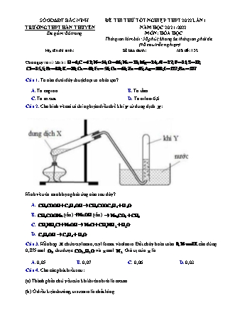 Đề thi thử tốt nghiệp THPT Hóa học - Mã đề: 132 - Năm học 2021-2022 - Trường THPT Hàn Huyên (Có đáp án)